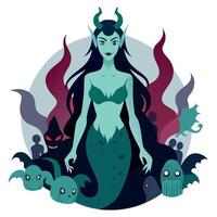 A cartoon illustration of a mermaid with tentacles and other monsters vector