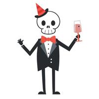Funny skeleton in tuxedo holding a glass of wine vector