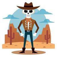 Skeleton cowboy with hat in outdoor background. vector