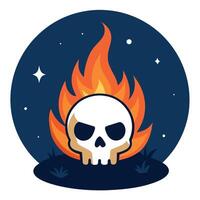 Skull burned in fire in dark Halloween night. Concept of Halloween. vector