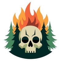 A skull with flames and trees in the background vector