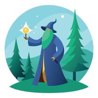 A wizard with a wand and a hat in the forest vector
