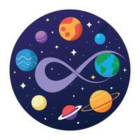 The universe is shown in a flat style with planets and stars vector