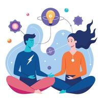 A man and woman sitting in meditation position with a light bulb above them vector
