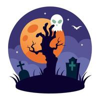 Spooky graveyard Halloween background with resurrected zombie ghost hand raising up. vector