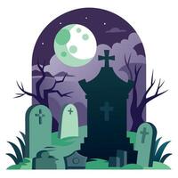 Spooky graveyard with several tombstones and a crypt covered with moss and vines. meanwhile mystical glowing fog fills the air. in the full moon vector