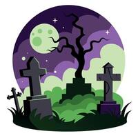 Spooky graveyard with double cross and several tombstones covered with moss and vines. meanwhile mystical glowing fog fills the air. in the full moon vector