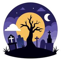 Halloween background with graveyard, tombstones and tree vector