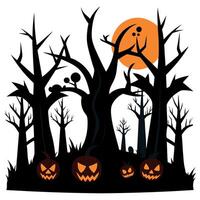 Spooky halloween forest with scary black trees and pumpkins on the ground. neural network art vector