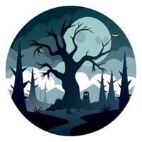 Spooky forest art with gnarled trees mist and lurking creatures creating a mysterious and haunting ambiance perfect for Halloween. simple minimalist illustration creative vector