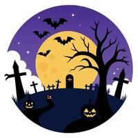 Spooky Halloween in the haunted forest graveyard with bats and scary trees. Happy Halloween Background. vector