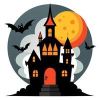 Spooky halloween house with orange and red lights coming from candles inside. fog and mist. full moon and bats. castle in the night vector