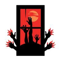 A red and black window with hands reaching out vector