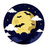 Spooky moon in cloudy sky with bats at night. Halloween concept vector