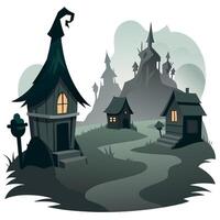 A cartoon village with a witch's house and a graveyard vector