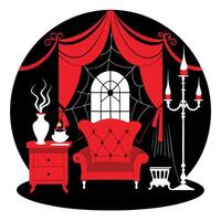 A red living room with a spider web and a spider vector