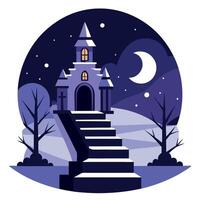 A halloween house with stairs and a moon in the background vector