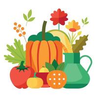 A colorful pumpkin, squash, and other vegetables are arranged in a flat design vector