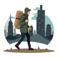 A man with a backpack walking in the city vector