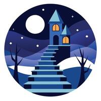 A castle with stairs and a moon in the background vector