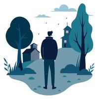 Man standing in the middle of a field looking at a house vector