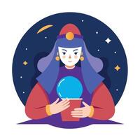 Tarot cards reading divination Psychic readings and clairvoyance concept. Crystal ball fortune teller hands. Pythoness reads tarot cards in a dark environment. High quality illustration. vector