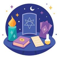 A table with books, candles and a star vector