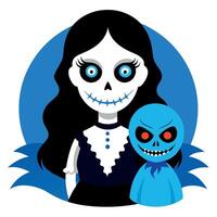 Terrifying horror dolls with skeleton and zombie. halloween concept. Mystical nightmare concept. Beautiful and spooky doll with Blue eyes. vector