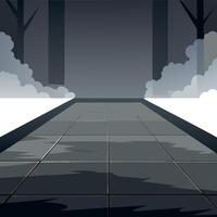 An illustration of a dark road with trees and fog vector