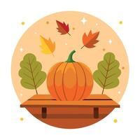 Thanksgiving background. Pumpkin and dry leaves on rustic wooden table with light bokeh background. Autumn and fall background. Holiday autumn festival. Thanksgiving and harvest concept. vector