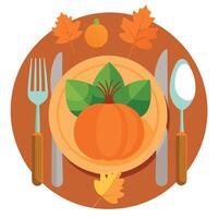 Thanksgiving dinner table with pumpkin, fork and knife vector