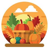 Thanksgiving harvest basket on fall background. Thanksgiving cornucopia fall scene with pumpkins squash on wood table at sunset vector