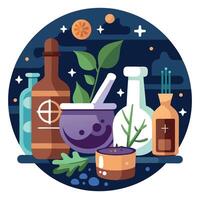 Medicine and herbs in a round flat design vector