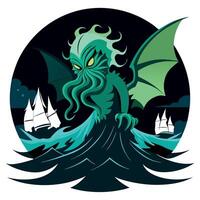 The ancestral creature cthulhu attacking a ship in the middle of a storm at night vector