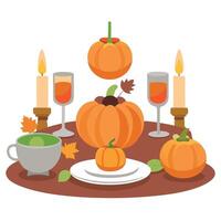 Thanksgiving table with pumpkin, candles and plates vector