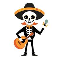 A cartoon skeleton with a guitar and sombrero vector