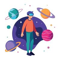 A man in a virtual reality headset with planets and other objects vector