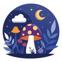 Night time mushroom and bug illustration vector