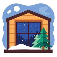 The scenery outside the window of the log cabin shows heavy snowfall. AI vector