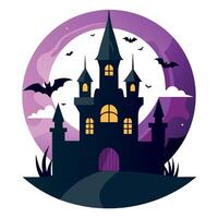 There is a castle in the picture that looks like it would be perfect for Halloween. It is dark and foreboding. with bats flying around it and an eerie mist lurking in the background. vector