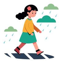 This girl is walking on the road while it's raining. vector