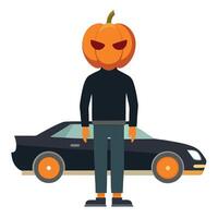 This is a 3D illustration of a Man with a pumpkin head standing in front of a sports car. vector