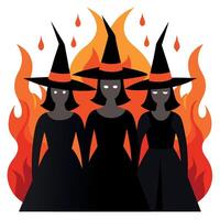 Three witches with the wicthes hats. Fire at background vector