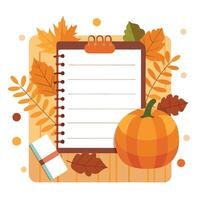 Top view Blank notebook on wooden table with traditional Halloween deco pumpkin. autumn leaves and warm plaid. Cozy concept of autumn holidays. Flatlay. Copy space. . vector