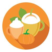 Top view of pumpkins and pumpkin spice lattes on orange background with copy space vector