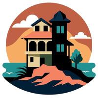A house on the beach with a sunset in the background vector