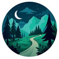 A night time forest path with trees and moon vector