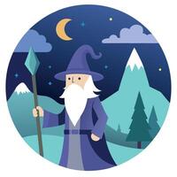 A wizard with a staff and a hat in the night vector