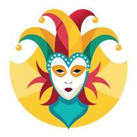 A colorful carnival mask with a red and yellow color scheme vector
