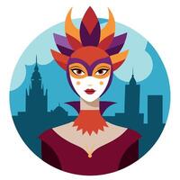 A woman in a colorful mask with a city in the background vector